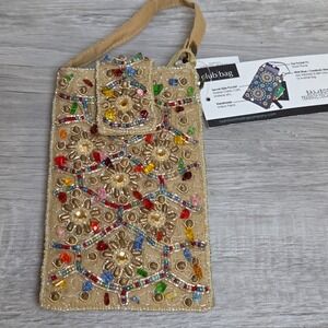 Bamboo Trading Company Beaded Club Bag Handmade Phone Crossbody Wristlet Tan